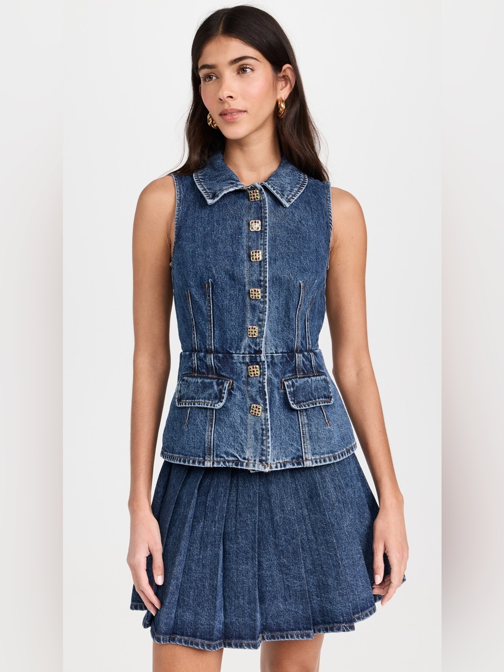 Self-Portrait Blue Denim Sleeveless Vest and Pleated Skirt Set Size 4